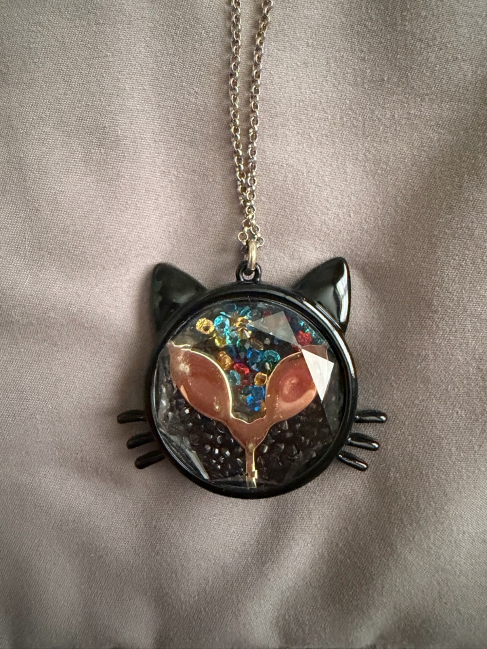 Betsey Johnson Black Cat Pendant Necklace with Multicolor Rhinestones - Picture 3 of 3